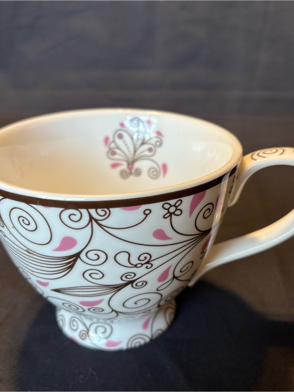 Mary Kay Footed Ceramic Coffee Mug White, Pink and Dark Brown Floral